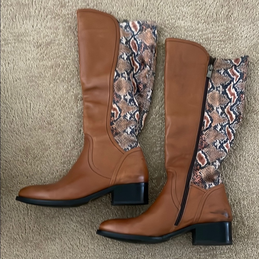 Spring Step Camel and Snake Print Heeled Boots Sz 38